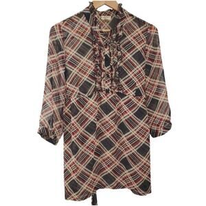 Daytrip By The Buckle BKE Womens Top L Plaid Ruffle Tie Sheer Poly Shirt Size